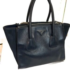 PRADA 2Way Double Zip Tote in Glacé Calfskin Navy Leather and Suede